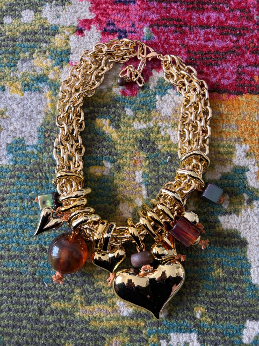 Gold Heart Charm Statement Necklace with Amber Accents - Women Jewelry - Picture 3 of 3